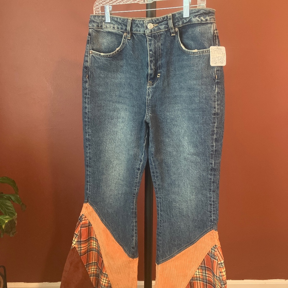 Free People flare jeans with courduroy pattern insert